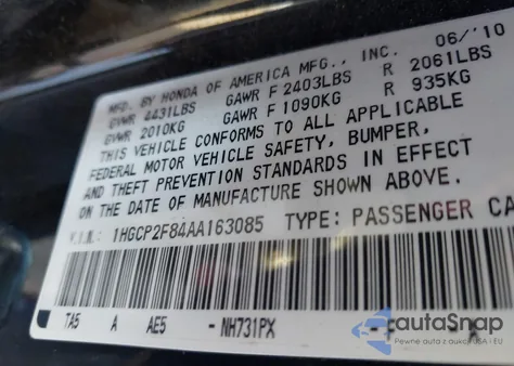 2010 Honda Accord 2.4 Ex-L from USA, damaged, VIN 1HGCP2F84AA163085